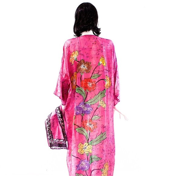 VTG 70's India Hand Blocked Long Silk Kimono - Picture 3 of 6